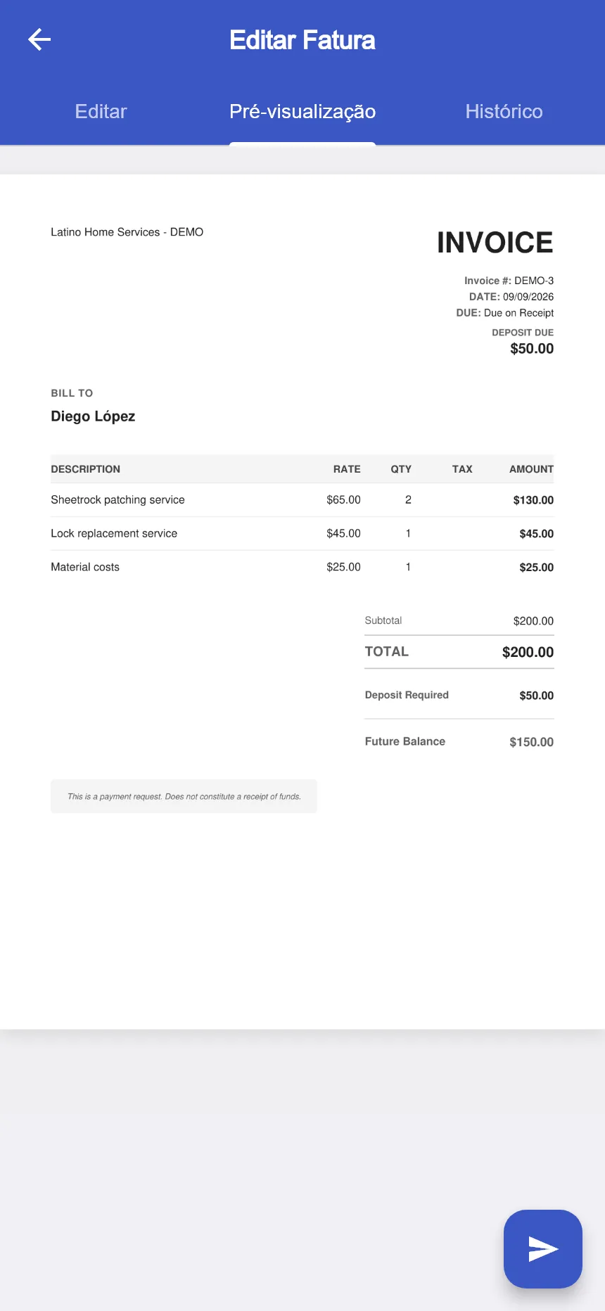 Prévia real do PDF no Invoicista: três serviços em inglês, total de 200 dólares e entrada solicitada de 50 dólares. Dados fictícios.