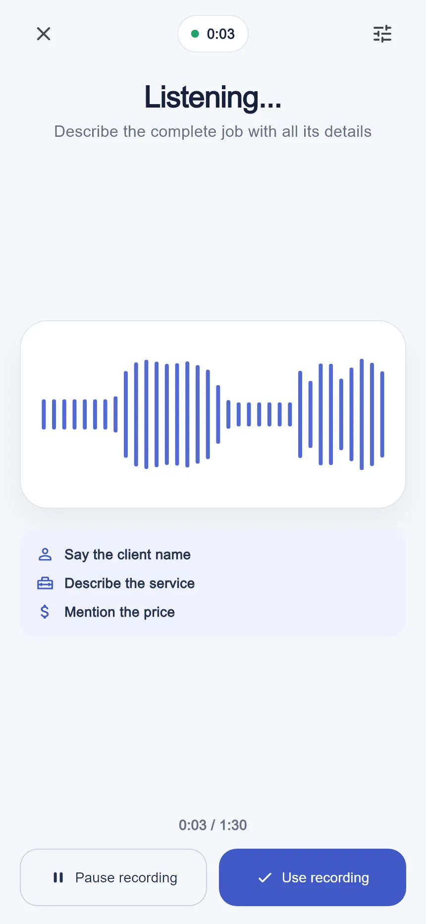 Invoicista recording screen with voice waveforms.