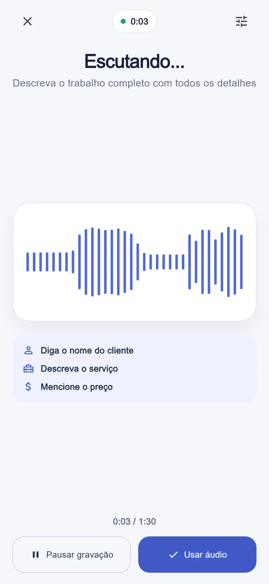 Tela de gravação do Invoicista com ondas de voz.