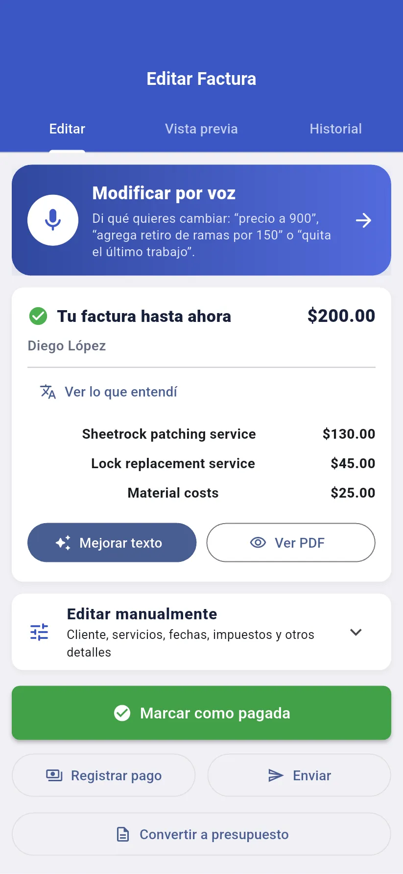 Editor móvil de Invoicista: tres servicios para Diego López, total de 200 dólares y opciones para corregir por voz, editar y enviar.